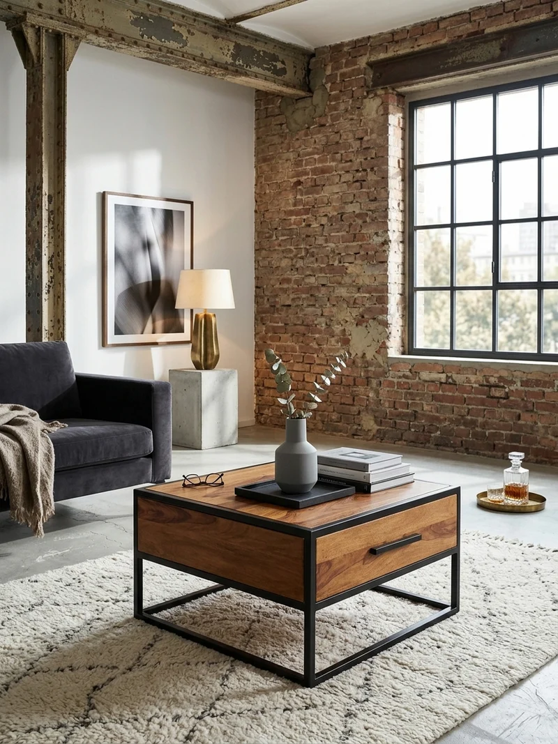 Couchtisch Industriestil, Metall und Holz, mit Schublade, 50 kg Tragkraft