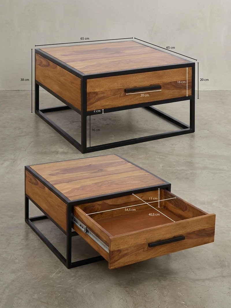 Couchtisch Industriestil, Metall und Holz, mit Schublade, 50 kg Tragkraft