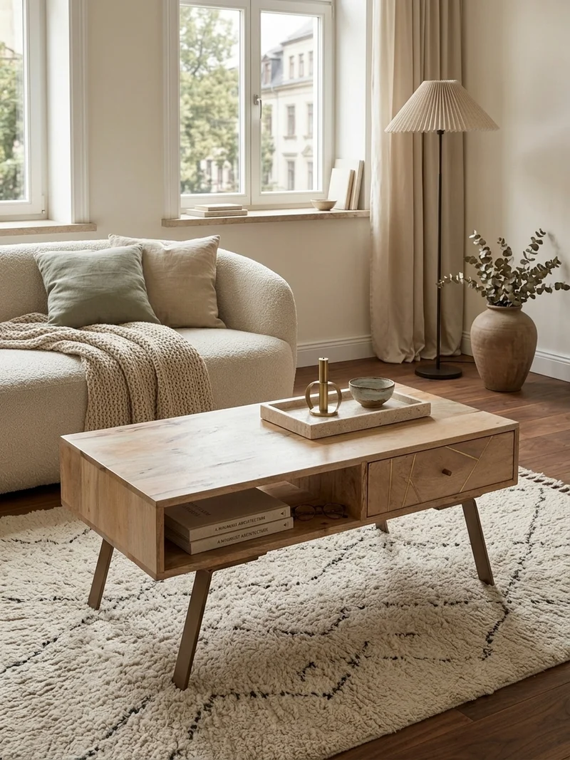Couchtisch in Rustikalem Landhausstil, Massives Mangoholz und Metall, Maße 95x42x50 cm