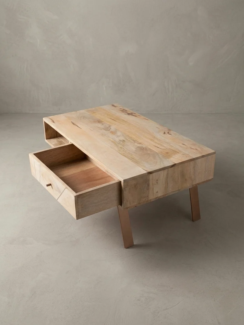 Couchtisch in Rustikalem Landhausstil, Massives Mangoholz und Metall, Maße 95x42x50 cm