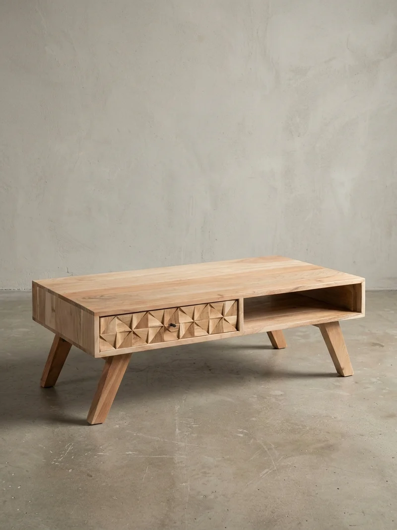 Couchtisch Landhausstil Massivholz mit Schublade und Ablagefach, Maße 95x35x50 cm