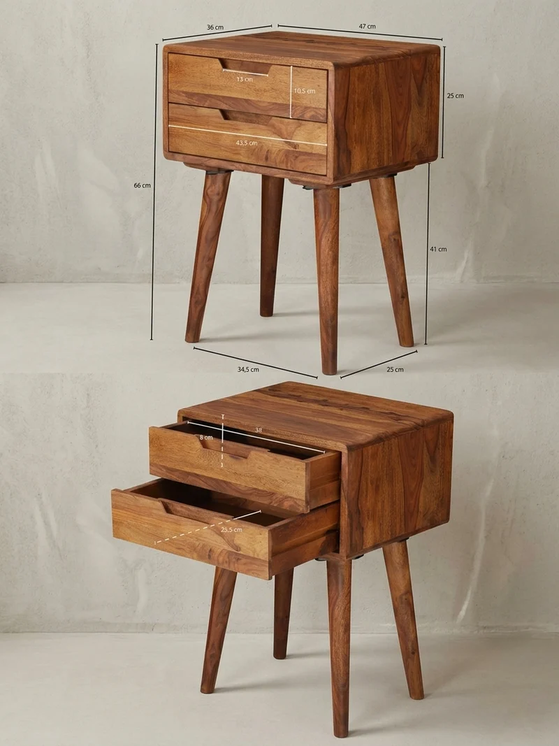 Nachttisch – Massivholz, 47x66x36 cm, 2 Schubladen, Landhausstil
