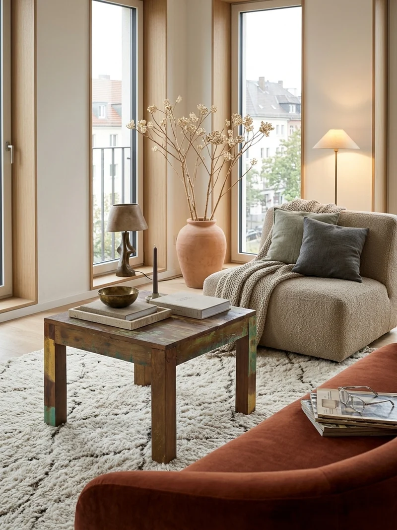 Couchtisch aus recyceltem Mango-Holz im Shabby-Chic Stil mit großer Tischplatte