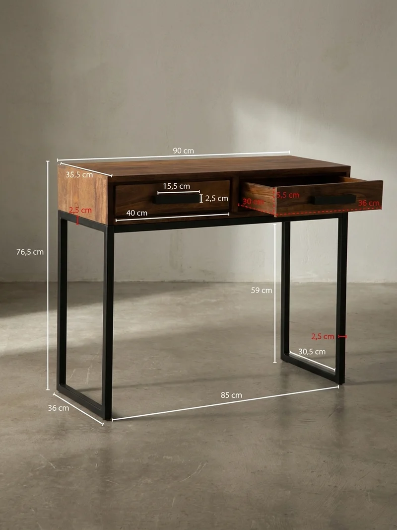 Konsolentisch – Massivholz/Metall, schwarz, mit Schubladen, Industrial-Stil