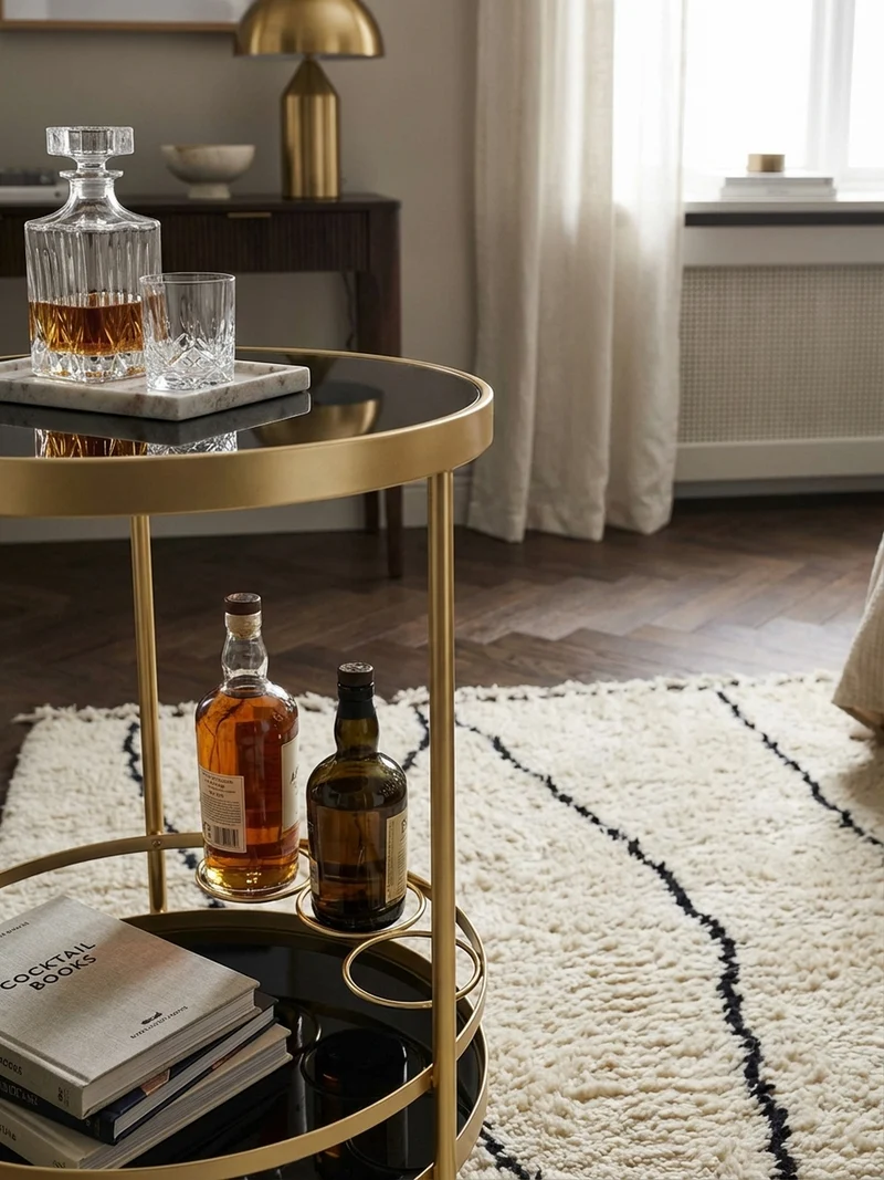 Servierwagen – Gold, Schwarzglas, auf Rollen