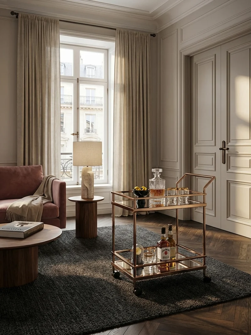 Servierwagen – Gold, Verspiegeltes Glas, auf Rollen