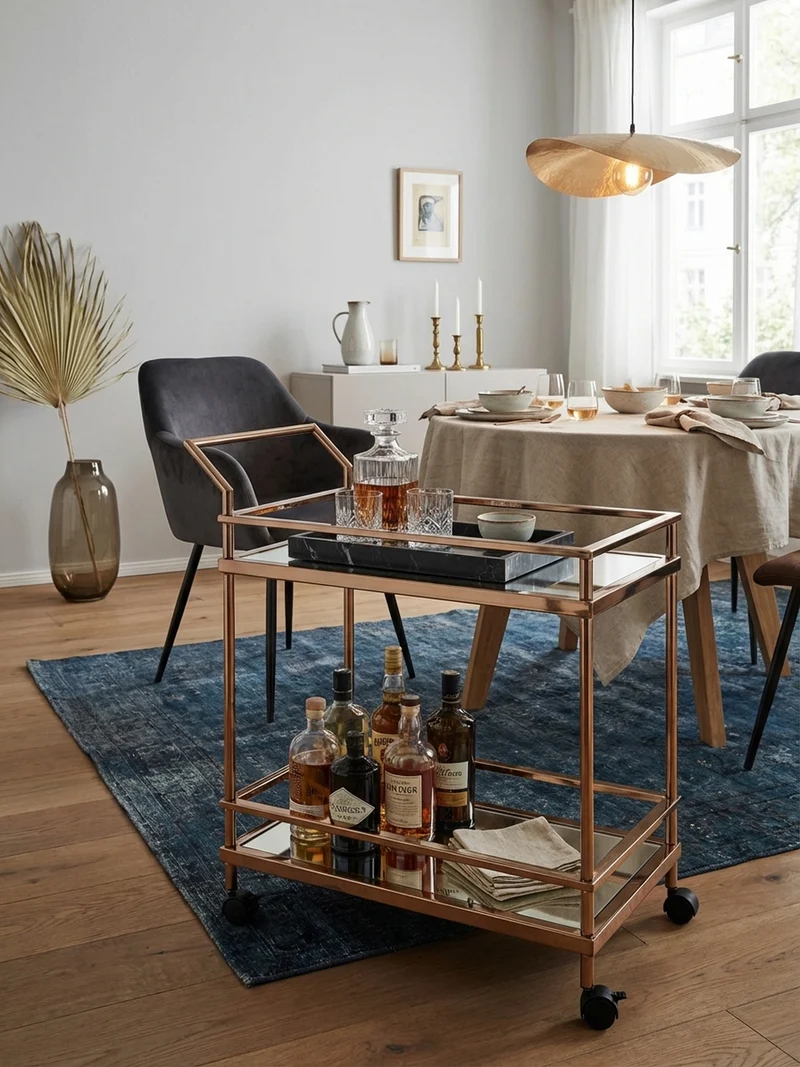 Servierwagen – Gold, Verspiegeltes Glas, auf Rollen