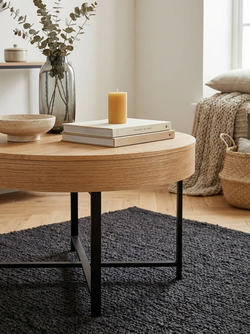 Couchtisch in Holzoptik mit Metallbeinen, Rund, Stauraumfunktion, Maße 69x49x69 cm, Industrial-Stil