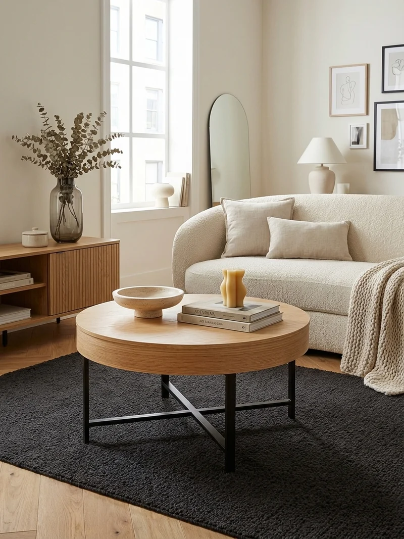 Couchtisch in Holzoptik mit Metallbeinen, Rund, Stauraumfunktion, Maße 69x49x69 cm, Industrial-Stil
