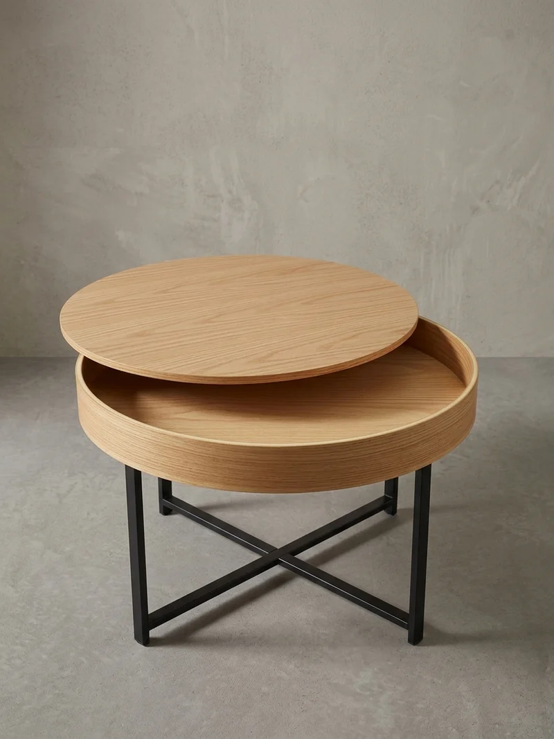 Couchtisch in Holzoptik mit Metallbeinen, Rund, Stauraumfunktion, Maße 69x49x69 cm, Industrial-Stil
