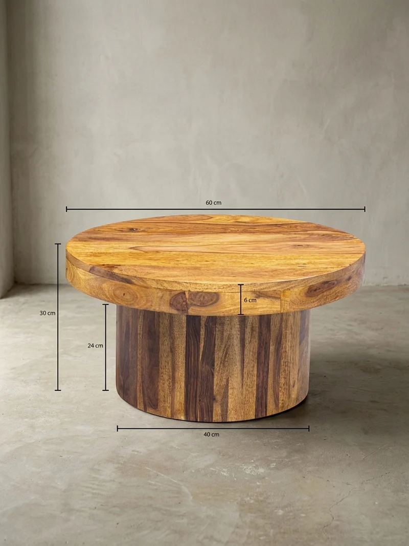 Couchtisch aus Massivholz Sheesham in Braun, Lackiert, mit robustem Sockelfuß, Maße 60x60x30 cm