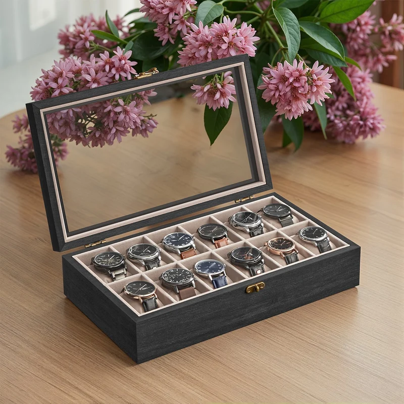 Uhrenbox 6 Fächer aus Massivholz mit Glasdeckel walnussfarben