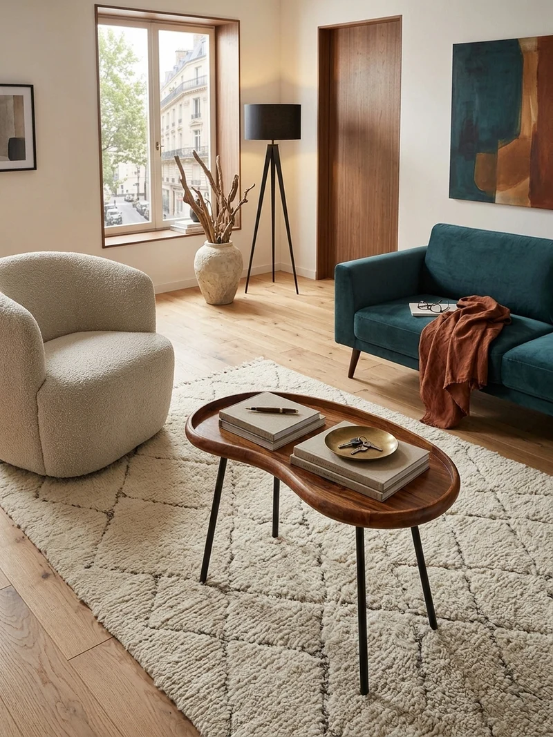 Couchtisch Massivholz mit Metallbeinen, Nierenform, Handgefertigt