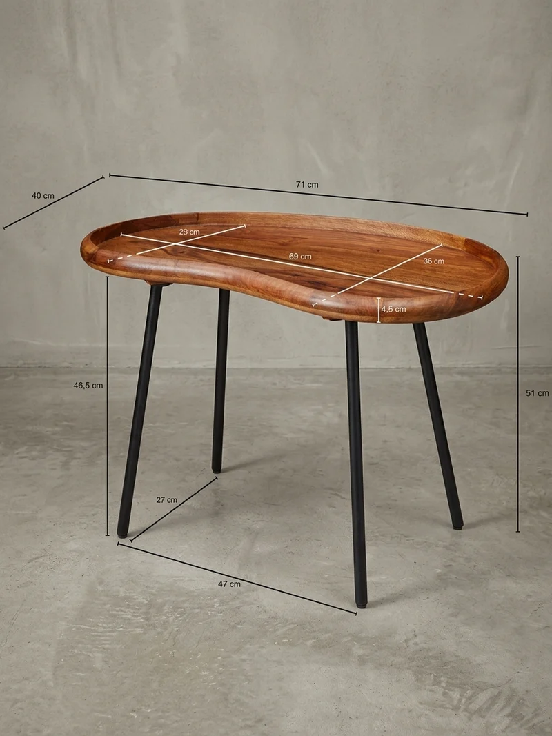 Couchtisch Massivholz mit Metallbeinen, Nierenform, Handgefertigt