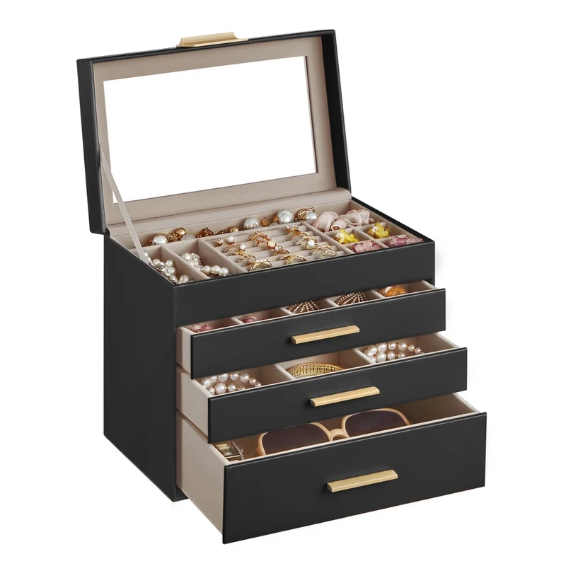 Schmuckkästchen 4 Ebenen mit Glasdeckel und 3 Schubladen