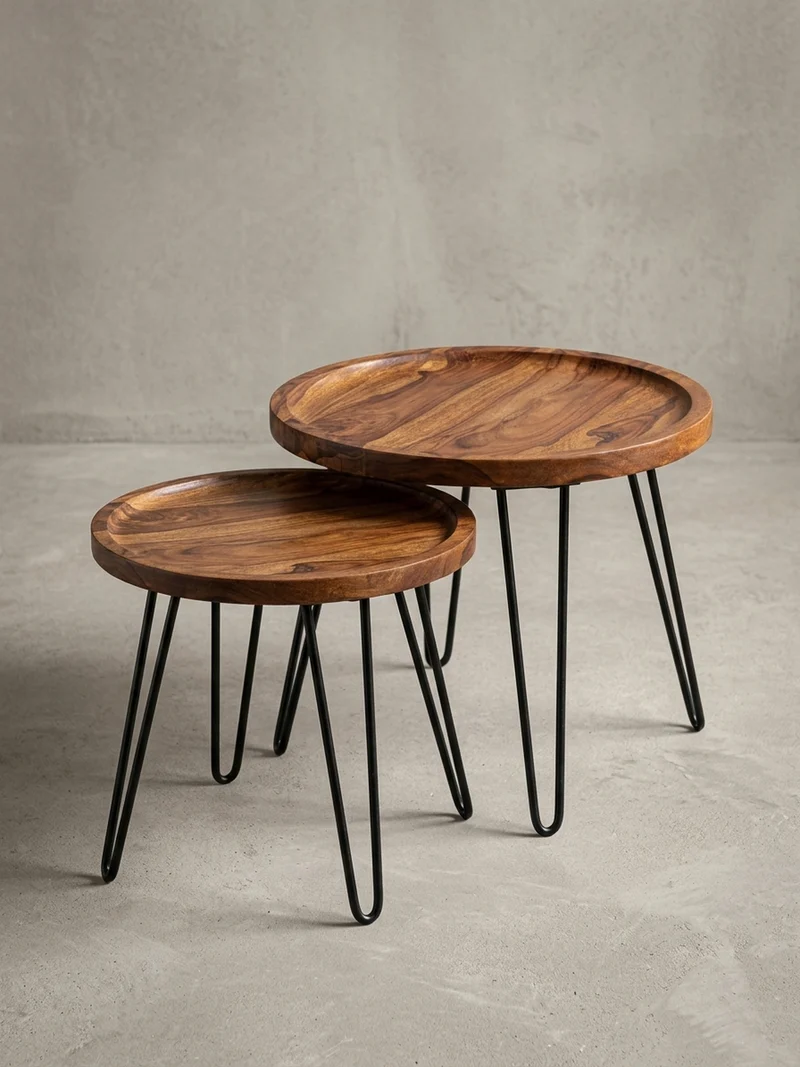 Couchtisch in Braun, Sheeshamholz mit Haarnadelbeinen, Modernes Design