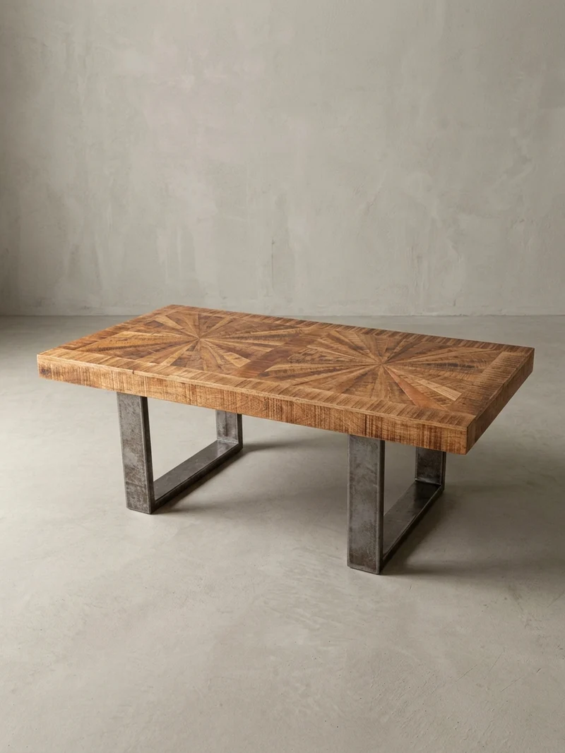 Couchtisch Mangoholz in Rustikalem Stil mit Metallbeinen, Maße 105x40x55 cm, Traglast 50 kg