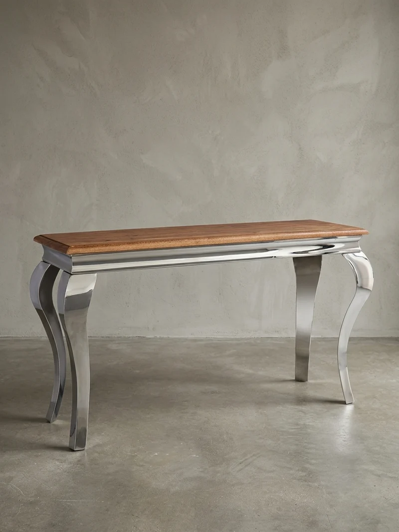 Konsolentisch – Massivholz, 130 cm breit, silberne Beine, 2,5 cm Plattendicke