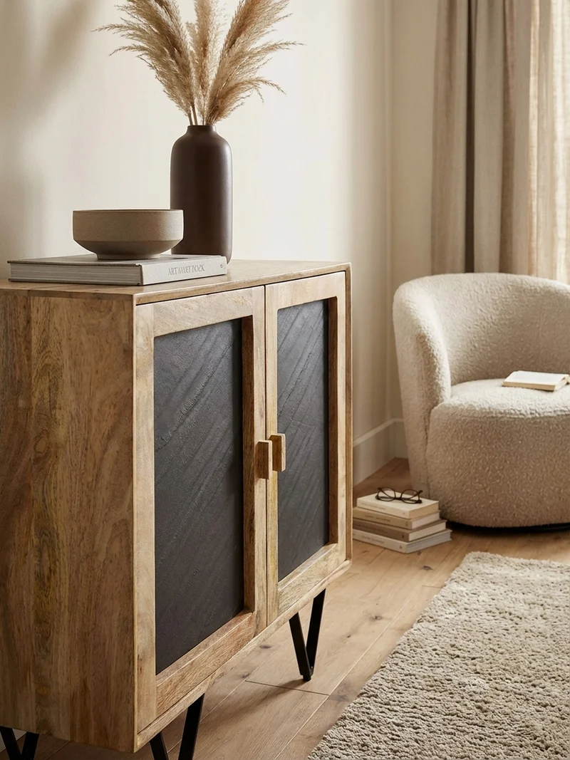 Sideboard – Mangoholz, 80x75x35 cm, mit Stauraum, anthrazitfarbene Türen