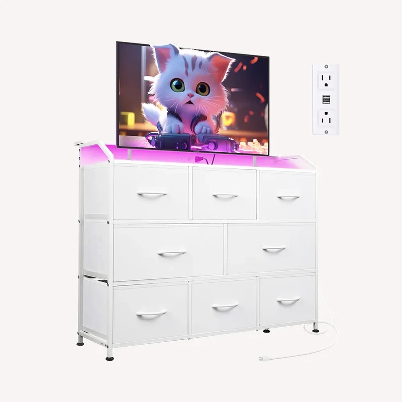 WLIVE Minimalist 8-Drawer LED Large Storage Fabric Dresser TV Stand
