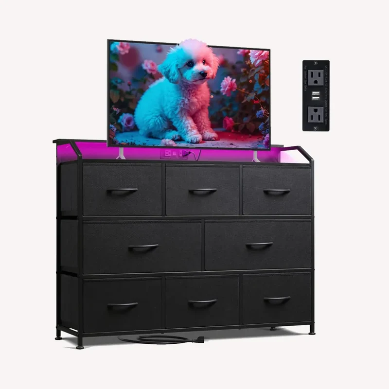 WLIVE Minimalist 8-Drawer LED Large Storage Fabric Dresser TV Stand