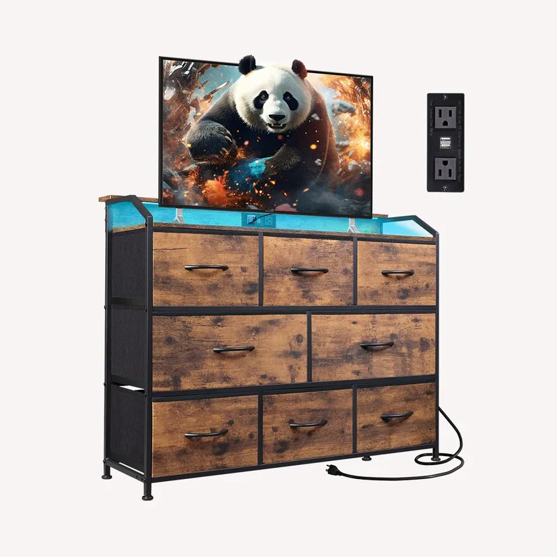 WLIVE Minimalist 8-Drawer LED Large Storage Fabric Dresser TV Stand