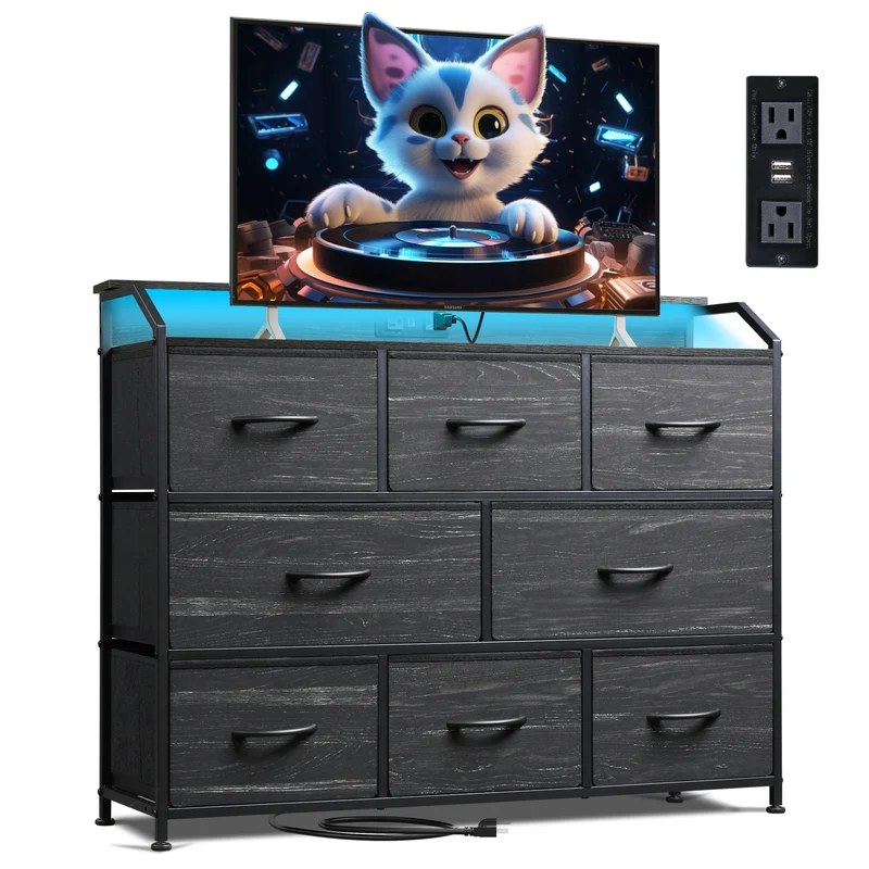 WLIVE Minimalist 8-Drawer LED Large Storage Fabric Dresser TV Stand