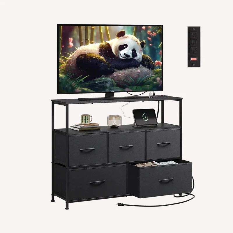 WLIVE Minimalist 5-Drawer Fabric Dresser TV Stand with Open Shelves