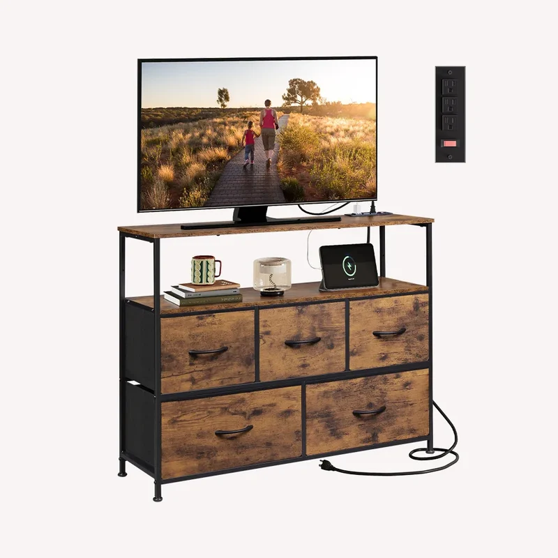 WLIVE Minimalist 5-Drawer Fabric Dresser TV Stand with Open Shelves