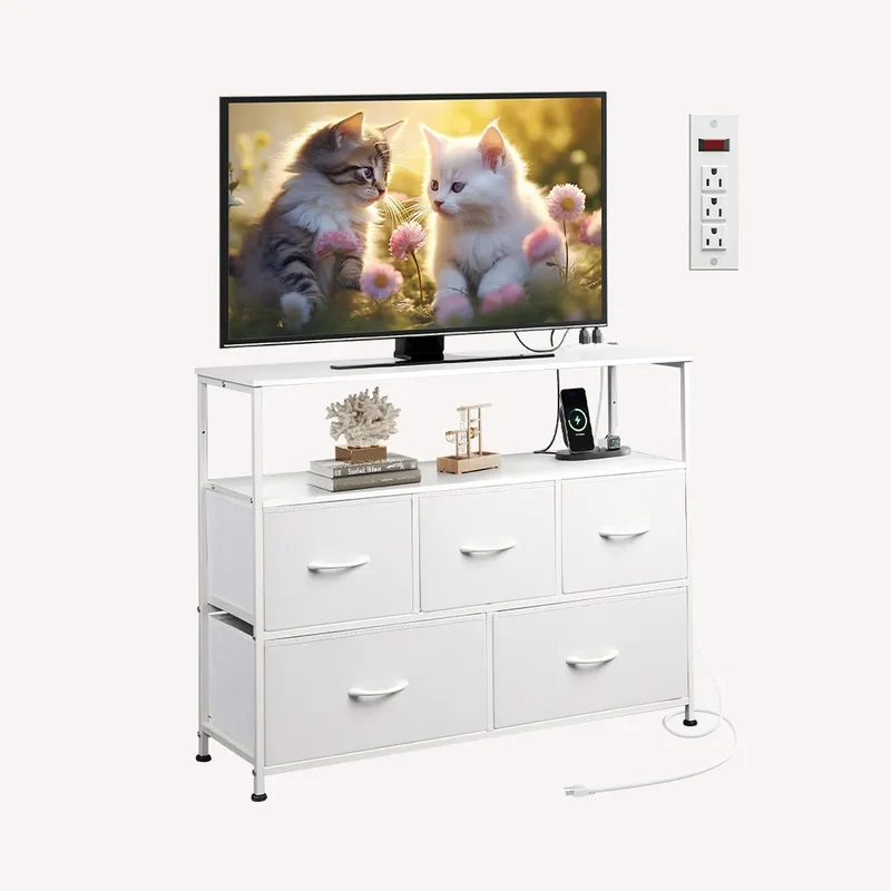 WLIVE Minimalist 5-Drawer Fabric Dresser TV Stand with Open Shelves
