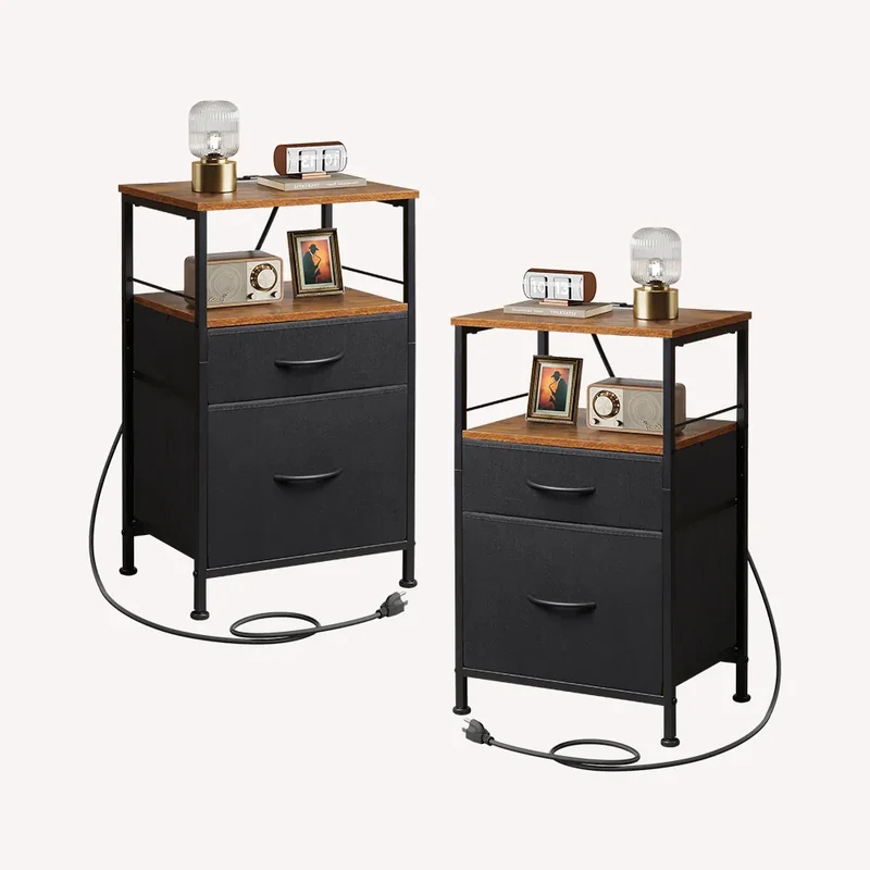 WLIVE Fabric Drawer Nightstand with Charging Station Set of 2