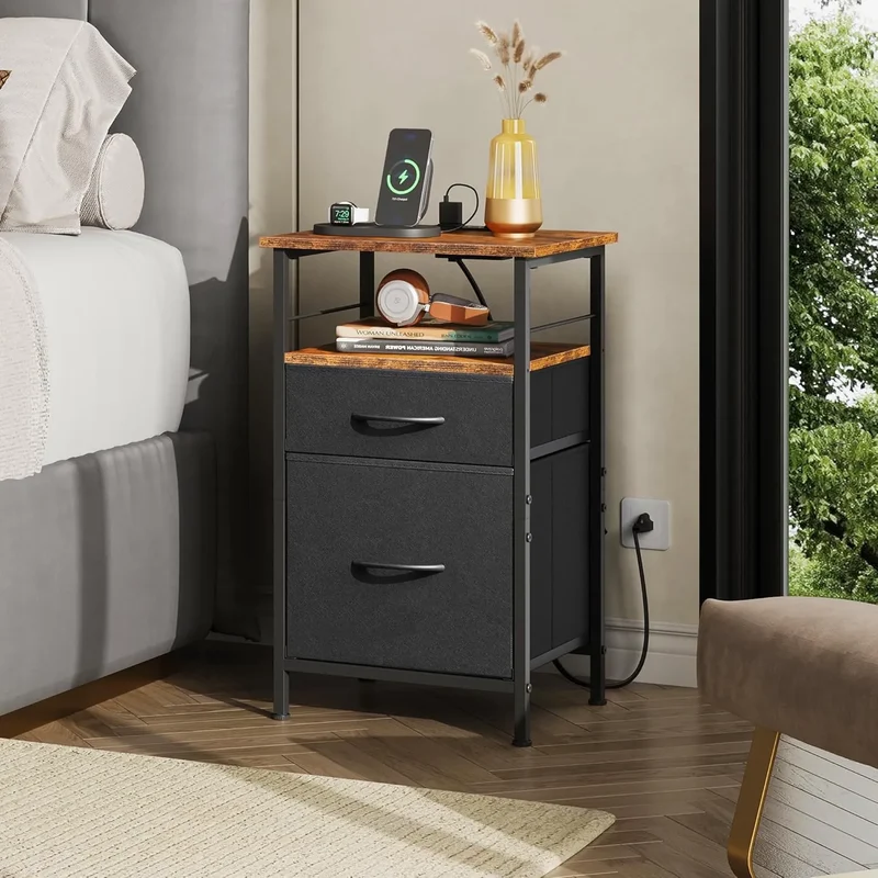 WLIVE Fabric Drawer Nightstand with Charging Station Set of 2