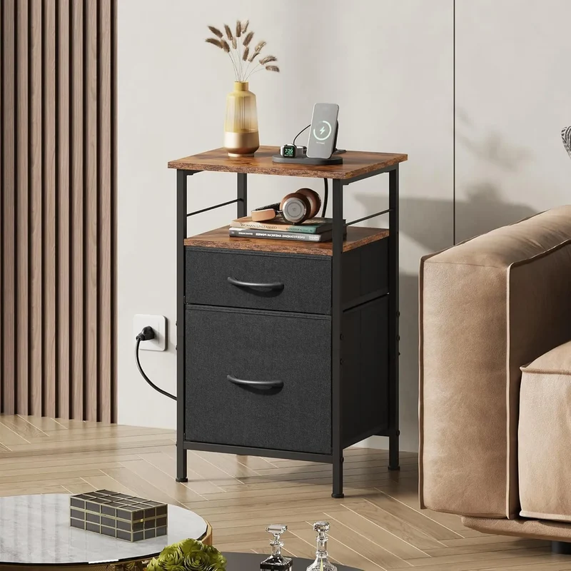 WLIVE Fabric Drawer Nightstand with Charging Station Set of 2
