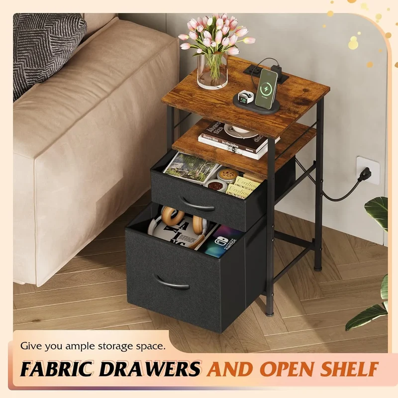 WLIVE Fabric Drawer Nightstand with Charging Station Set of 2