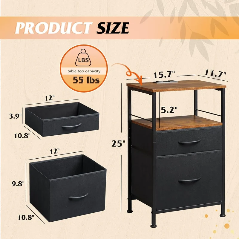 WLIVE Fabric Drawer Nightstand with Charging Station Set of 2