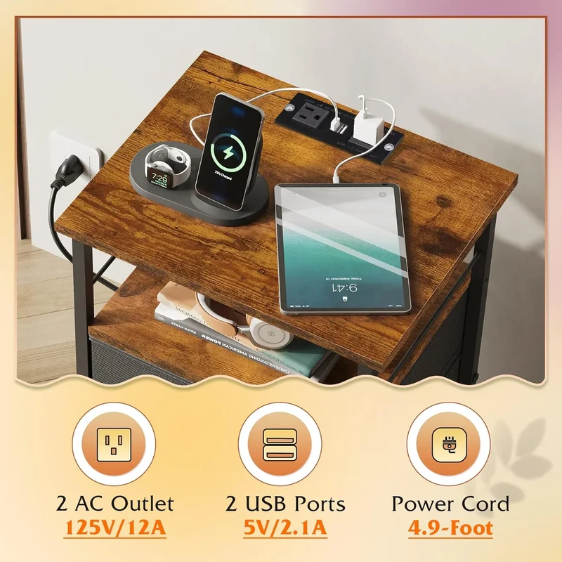 WLIVE Fabric Drawer Nightstand with Charging Station Set of 2