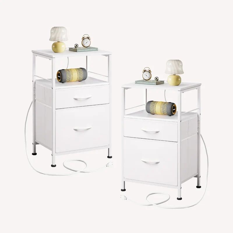 WLIVE Fabric Drawer Nightstand with Charging Station Set of 2