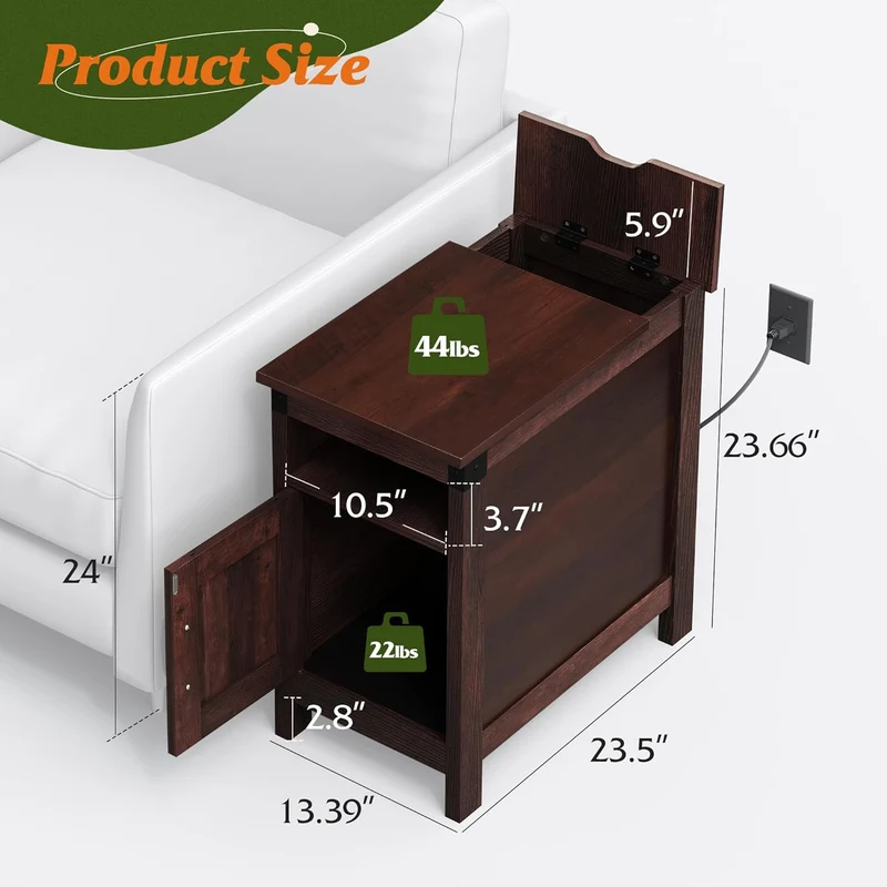 WLIVE Narrow Vintage Charging Side Table with Cabinet