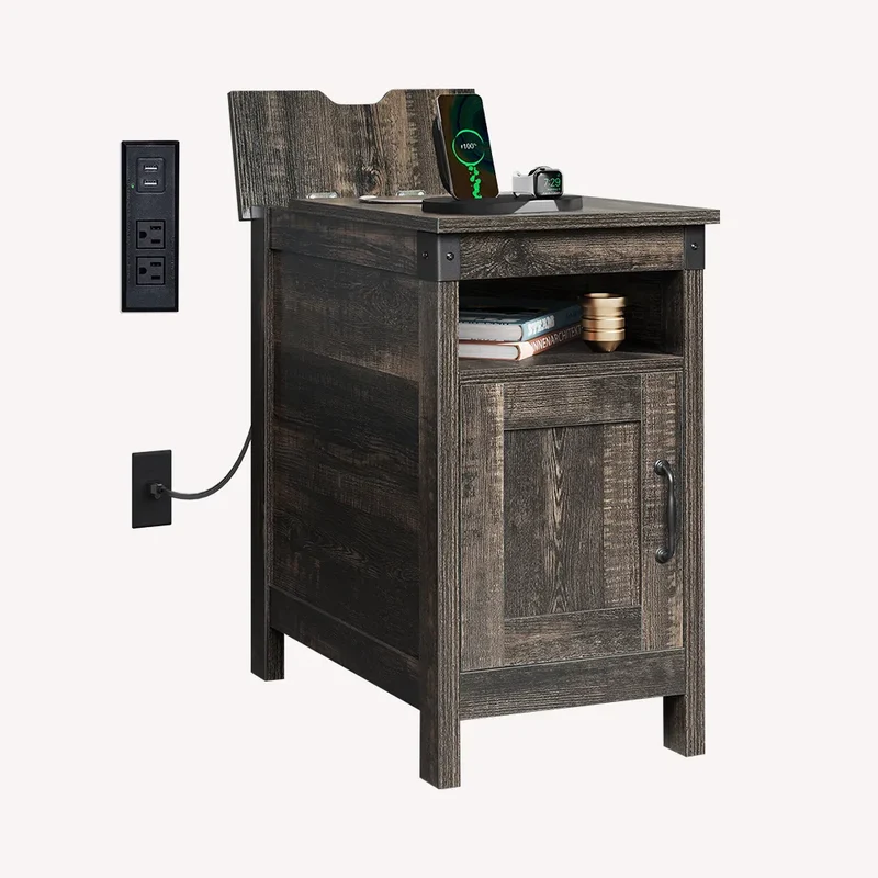 WLIVE Narrow Vintage Charging Side Table with Cabinet