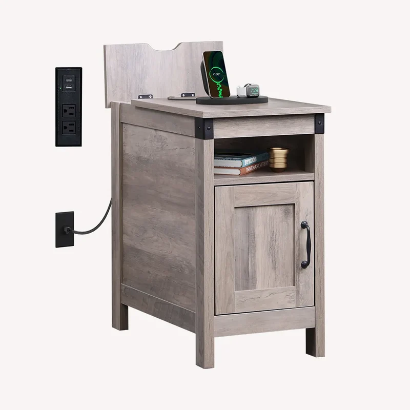 WLIVE Narrow Vintage Charging Side Table with Cabinet