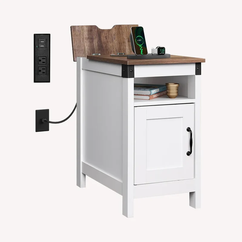 WLIVE Narrow Vintage Charging Side Table with Cabinet