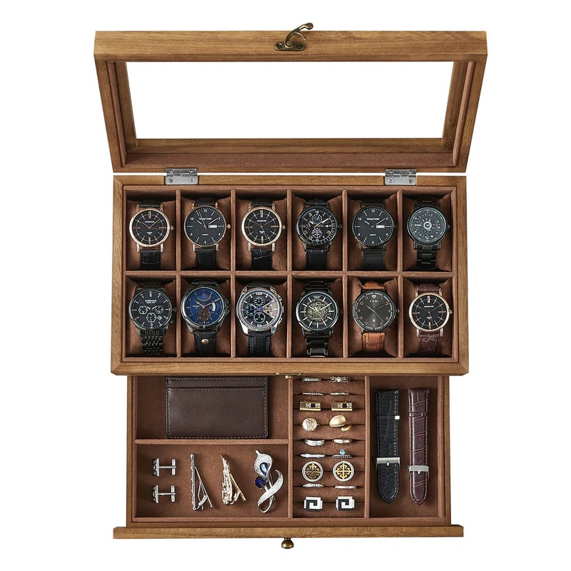 Uhrenbox mit Glasdeckel aus Massivholz