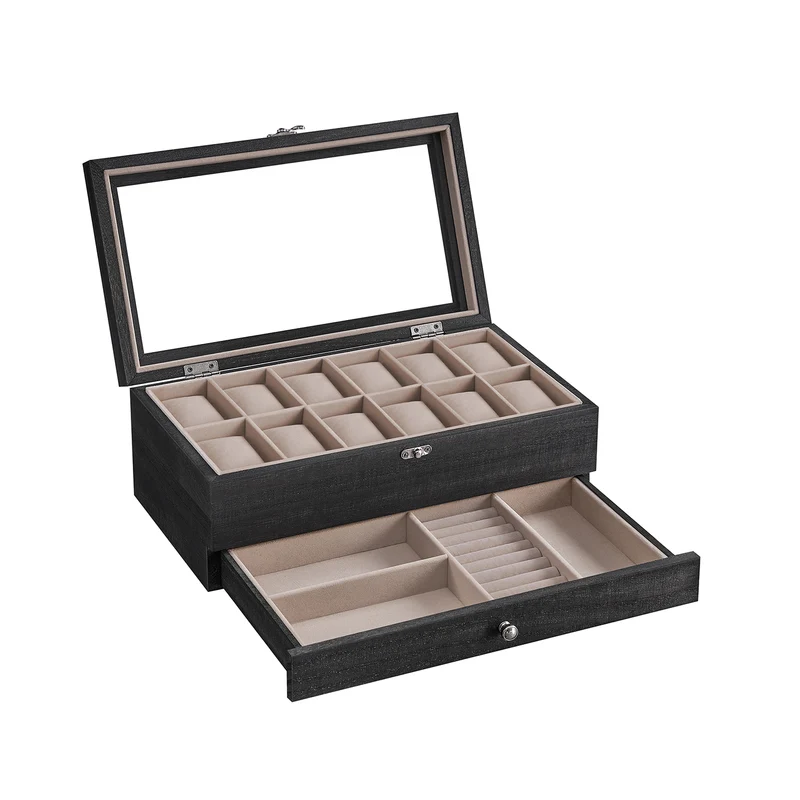 Uhrenbox mit Glasdeckel aus Massivholz