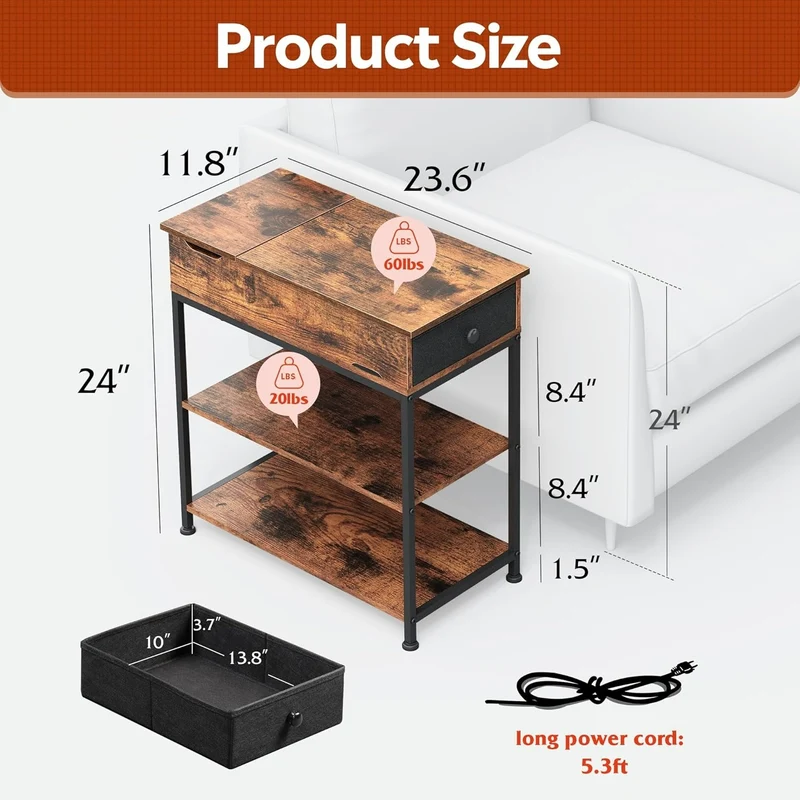 WLIVE Small Wood Storage Side Table with Charging Station