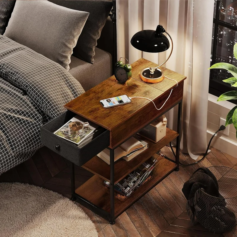 WLIVE Small Wood Storage Side Table with Charging Station