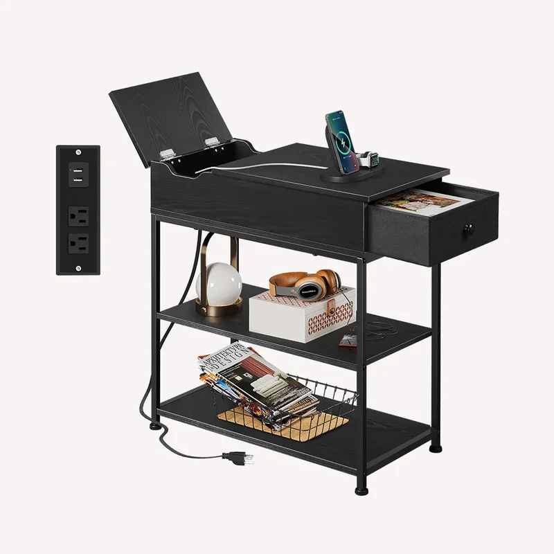 WLIVE Small Wood Storage Side Table with Charging Station