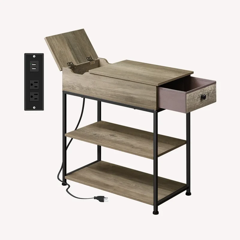 WLIVE Small Wood Storage Side Table with Charging Station