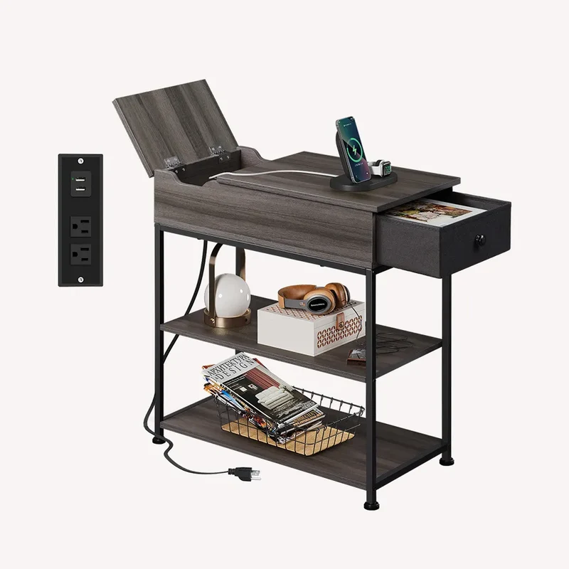 WLIVE Small Wood Storage Side Table with Charging Station