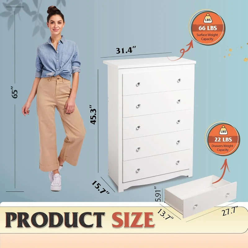 WLIVE 5-Drawer Minimalist Modern Wood Storage Chest
