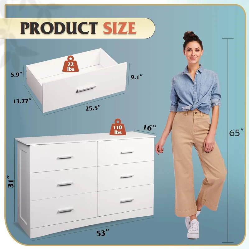 WLIVE Wide 6-Drawer Mid Century Modern Wood Dresser